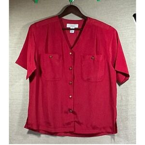 Vtg Fashion Attitudes Blouse Women's 10 Red Button Up w/Gold Buttons